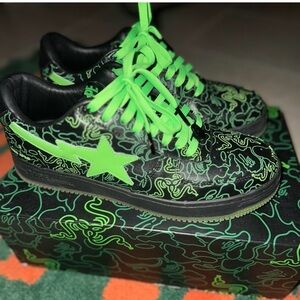 Bape Kids Black and Neon Green Star Sneakers